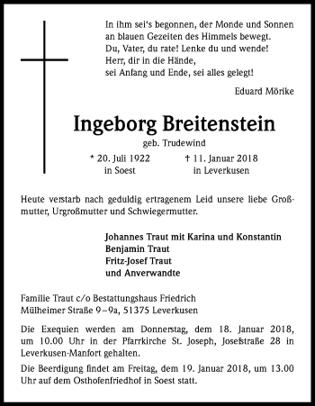 Anzeige von Ingeborg Breitenstein von Kölner Stadt-Anzeiger / Kölnische Rundschau / Express