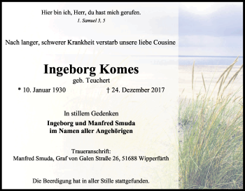 Anzeige von Ingeborg Komes von Kölner Stadt-Anzeiger / Kölnische Rundschau / Express