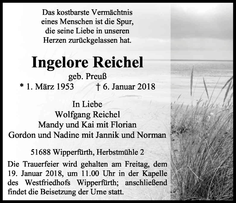  Traueranzeige für Ingelore Reichel vom 12.01.2018 aus Kölner Stadt-Anzeiger / Kölnische Rundschau / Express