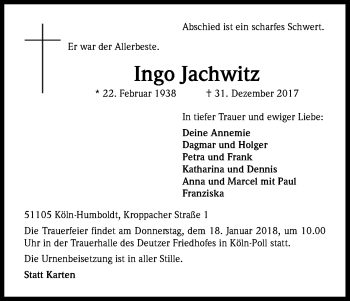 Anzeige von Ingo Jachwitz von Kölner Stadt-Anzeiger / Kölnische Rundschau / Express