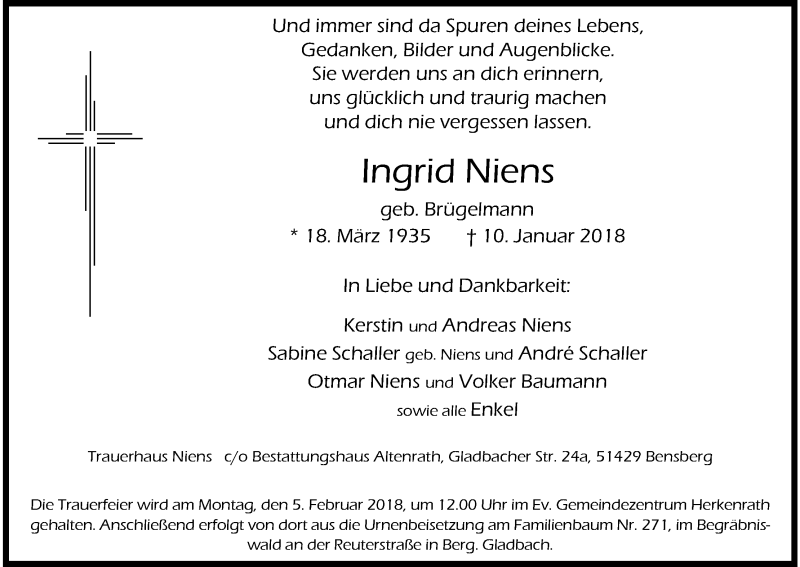  Traueranzeige für Ingrid Niens vom 20.01.2018 aus Kölner Stadt-Anzeiger / Kölnische Rundschau / Express