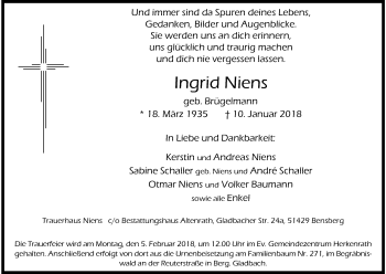Anzeige von Ingrid Niens von Kölner Stadt-Anzeiger / Kölnische Rundschau / Express