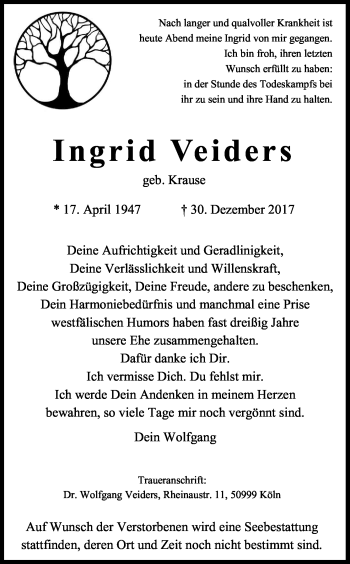 Anzeige von Ingrid Veiders von Kölner Stadt-Anzeiger / Kölnische Rundschau / Express