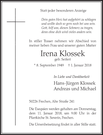Anzeige von Irena Klossek von  Sonntags-Post 