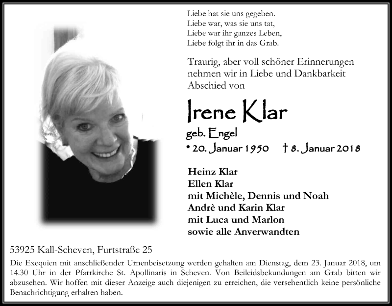  Traueranzeige für Irene Klar vom 13.01.2018 aus Kölner Stadt-Anzeiger / Kölnische Rundschau / Express
