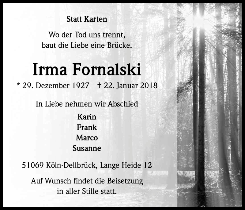  Traueranzeige für Irma Fornalski vom 27.01.2018 aus Kölner Stadt-Anzeiger / Kölnische Rundschau / Express
