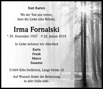 Anzeige von Irma Fornalski von Kölner Stadt-Anzeiger / Kölnische Rundschau / Express