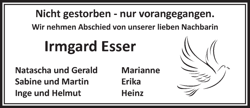  Traueranzeige für Irmgard Esser vom 24.01.2018 aus  Bergisches Handelsblatt 