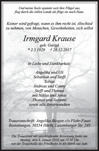 Anzeige von Irmgard Krause von  Wochenende 
