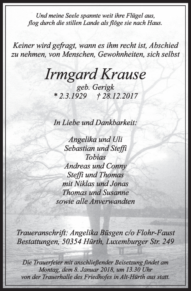  Traueranzeige für Irmgard Krause vom 03.01.2018 aus  Wochenende 