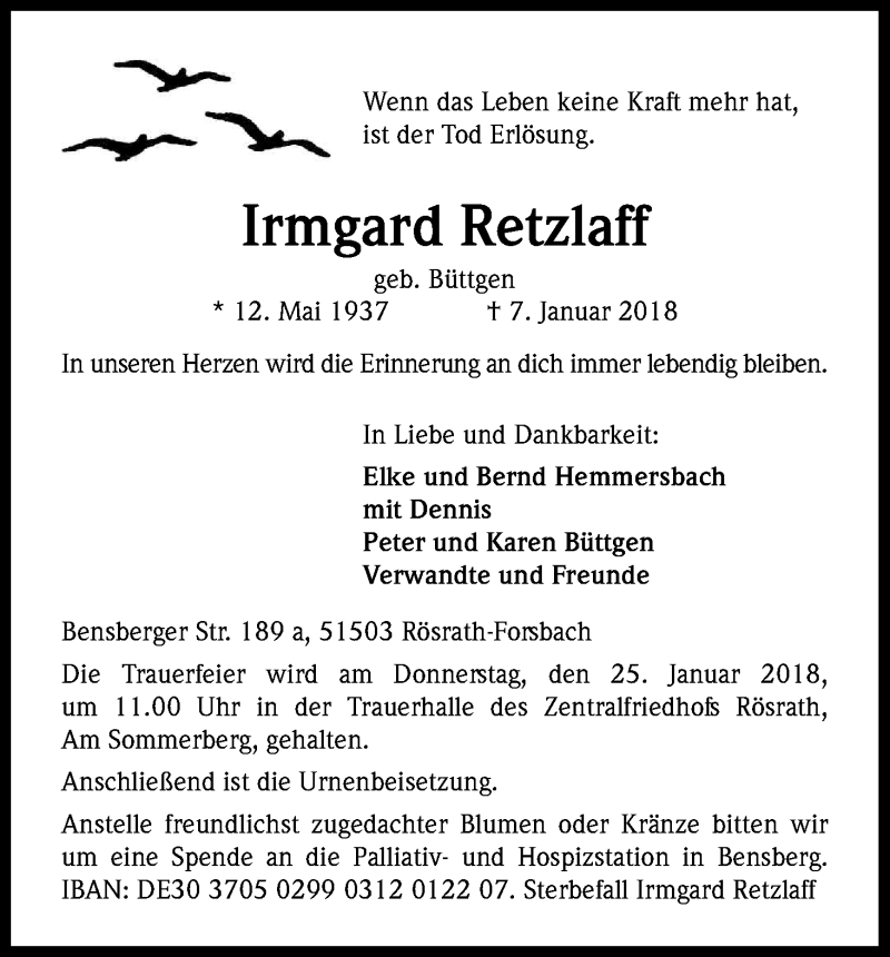  Traueranzeige für Irmgard Retzlaff vom 19.01.2018 aus Kölner Stadt-Anzeiger / Kölnische Rundschau / Express
