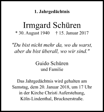 Anzeige von Irmgard Schüren von Kölner Stadt-Anzeiger / Kölnische Rundschau / Express