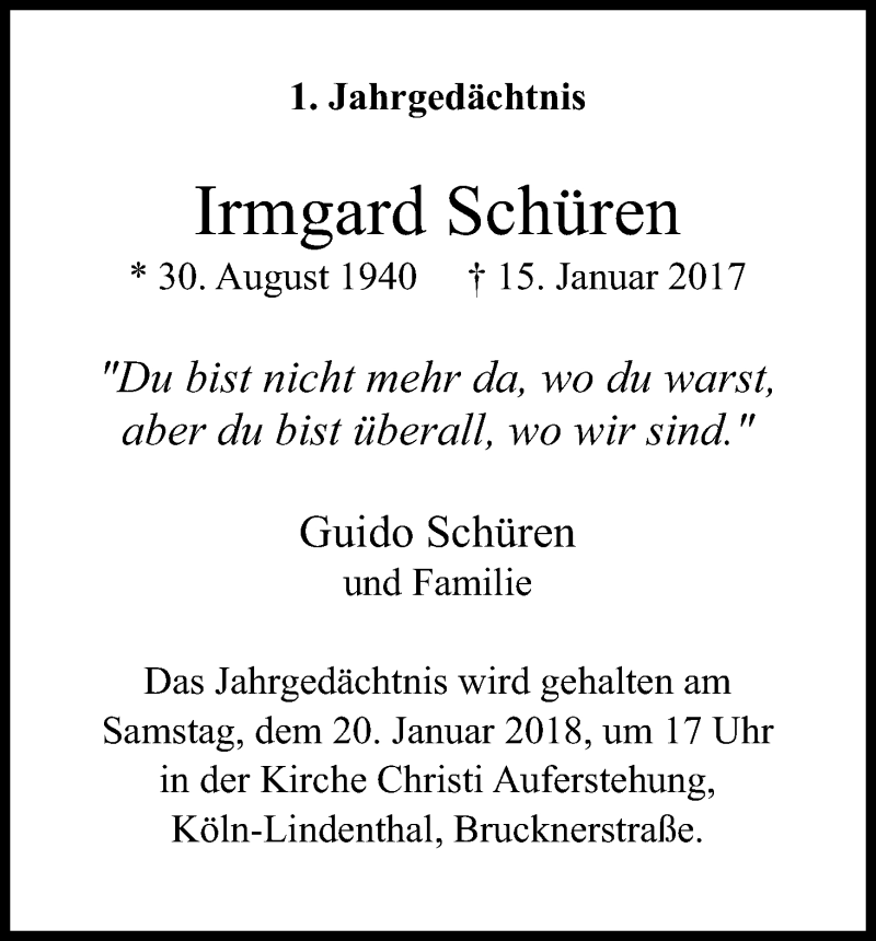  Traueranzeige für Irmgard Schüren vom 13.01.2018 aus Kölner Stadt-Anzeiger / Kölnische Rundschau / Express