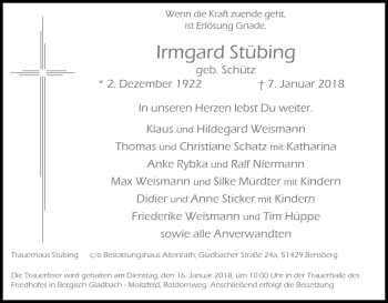 Anzeige von Irmgard Stübing von Kölner Stadt-Anzeiger / Kölnische Rundschau / Express