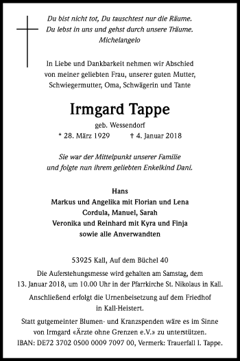 Anzeige von Irmgard Tappe von Kölner Stadt-Anzeiger / Kölnische Rundschau / Express