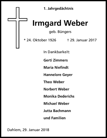 Anzeige von Irmgard Weber von Kölner Stadt-Anzeiger / Kölnische Rundschau / Express