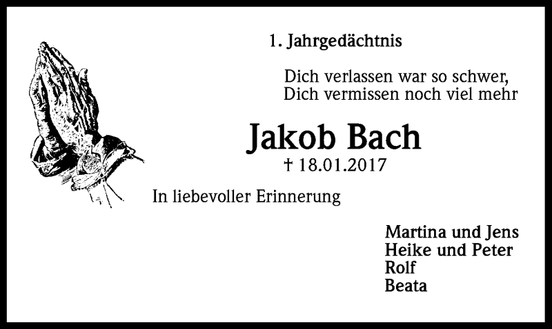  Traueranzeige für Jakob Bach vom 18.01.2018 aus Kölner Stadt-Anzeiger / Kölnische Rundschau / Express