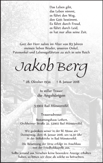 Anzeige von Jakob Berg von  Blickpunkt Euskirchen 