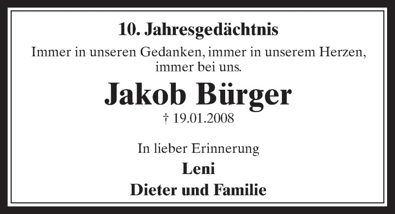 Traueranzeige für Jakob Bürger vom 20.01.2018 aus  Sonntags-Post 