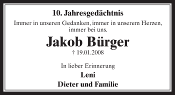 Anzeige von Jakob Bürger von  Sonntags-Post 