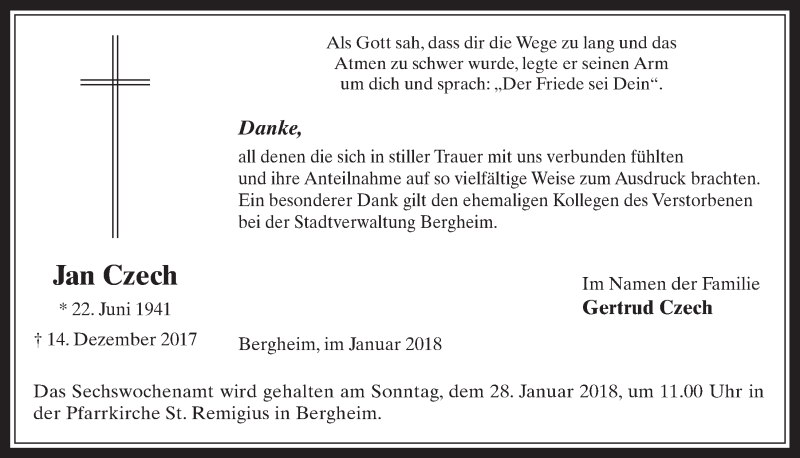  Traueranzeige für Jan Czech vom 10.01.2018 aus  Werbepost 