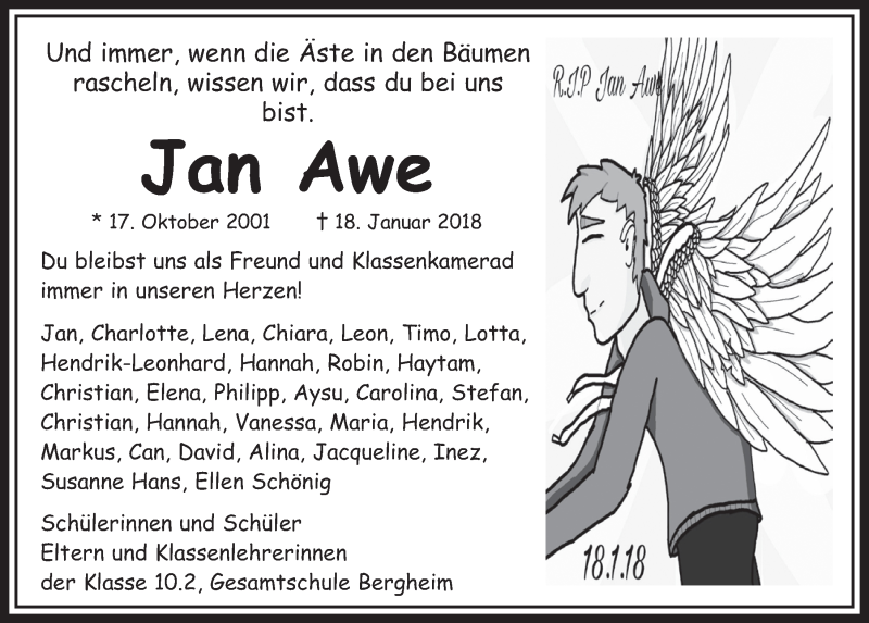  Traueranzeige für Jan Sven Awe vom 27.01.2018 aus  Sonntags-Post 
