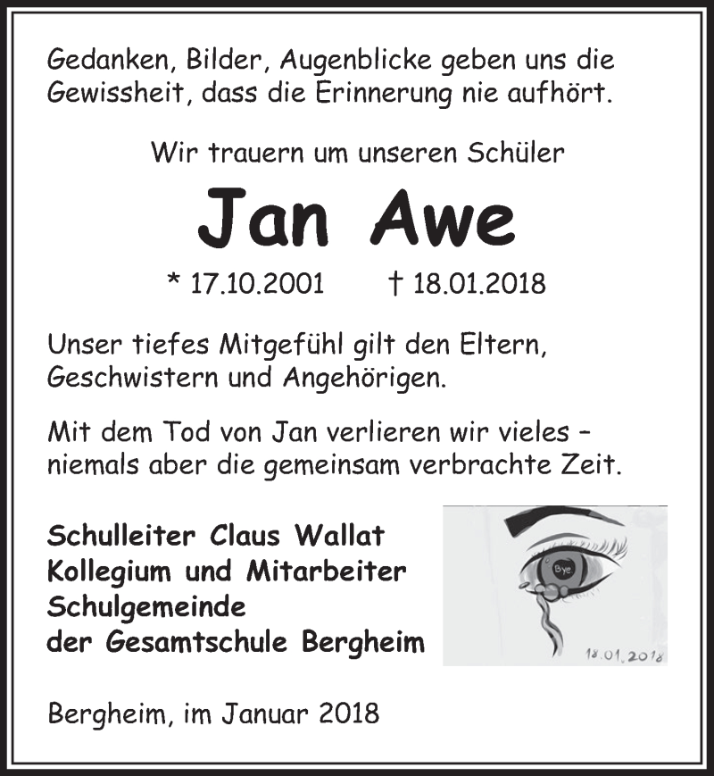  Traueranzeige für Jan Sven Awe vom 27.01.2018 aus  Sonntags-Post 