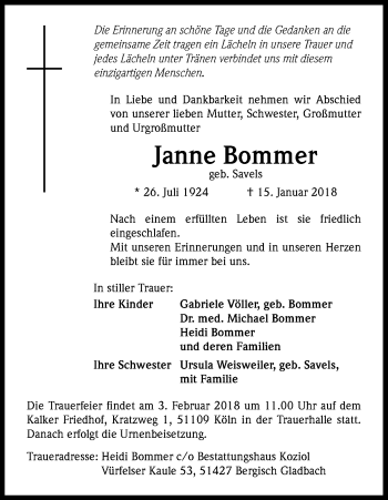 Anzeige von Janne Bommer von Kölner Stadt-Anzeiger / Kölnische Rundschau / Express