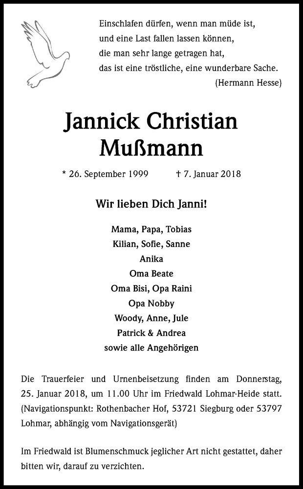  Traueranzeige für Jannick Christian Mußmann vom 18.01.2018 aus Kölner Stadt-Anzeiger / Kölnische Rundschau / Express