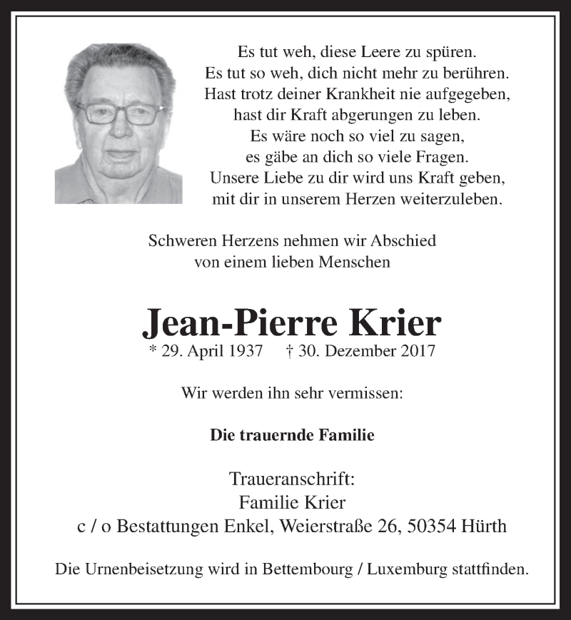  Traueranzeige für Jean-Pierre Krier vom 10.01.2018 aus  Wochenende 