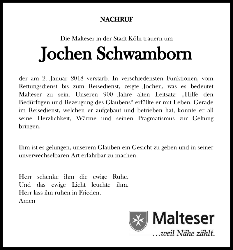  Traueranzeige für Jochen Schwamborn vom 15.01.2018 aus Kölner Stadt-Anzeiger / Kölnische Rundschau / Express