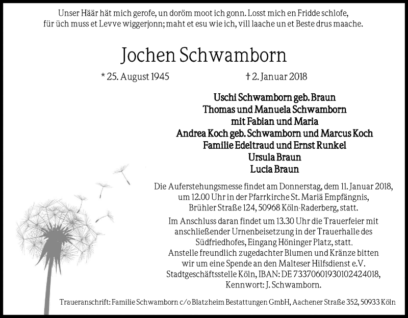  Traueranzeige für Jochen Schwamborn vom 06.01.2018 aus Kölner Stadt-Anzeiger / Kölnische Rundschau / Express