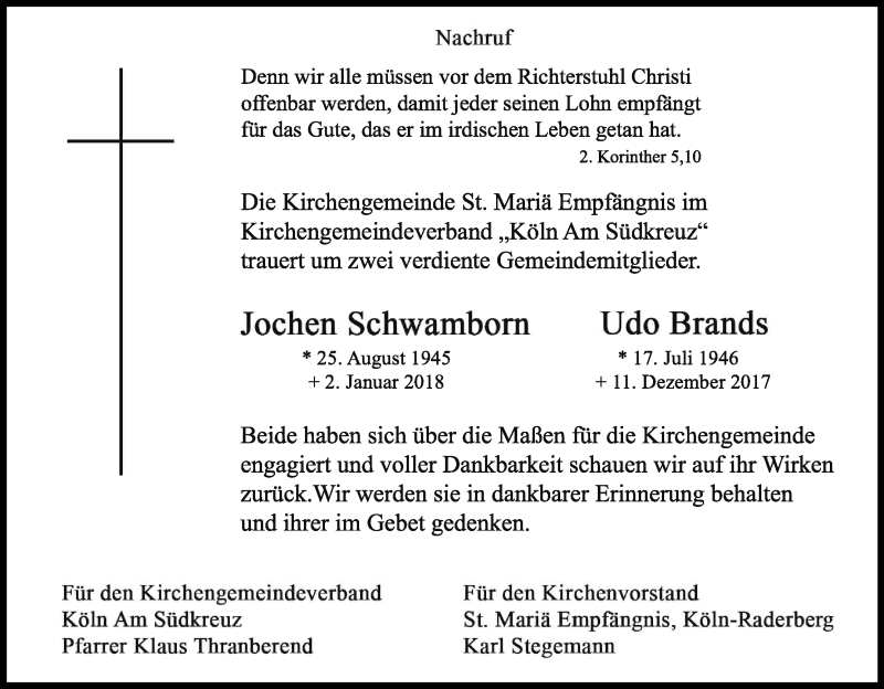  Traueranzeige für Jochen Schwamborn vom 13.01.2018 aus Kölner Stadt-Anzeiger / Kölnische Rundschau / Express