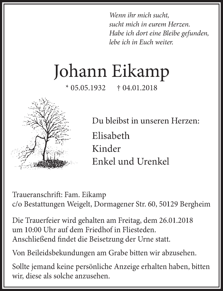  Traueranzeige für Johann Eikamp vom 20.01.2018 aus  Sonntags-Post 