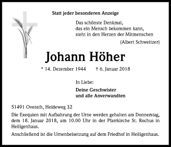 Anzeige von Johann Höher von Kölner Stadt-Anzeiger / Kölnische Rundschau / Express