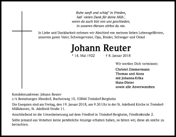 Anzeige von Johann Reuter von Kölner Stadt-Anzeiger / Kölnische Rundschau / Express