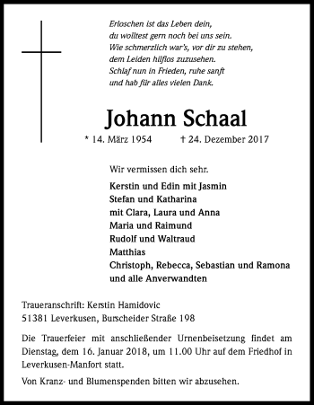 Anzeige von Johann Schaal von Kölner Stadt-Anzeiger / Kölnische Rundschau / Express