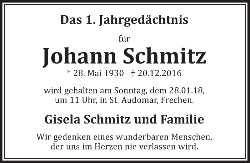  Traueranzeige für Johann Schmitz vom 27.01.2018 aus  Sonntags-Post 