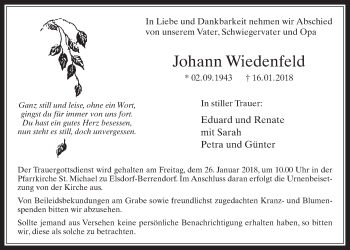 Anzeige von Johann Wiedenfeld von  Werbepost 