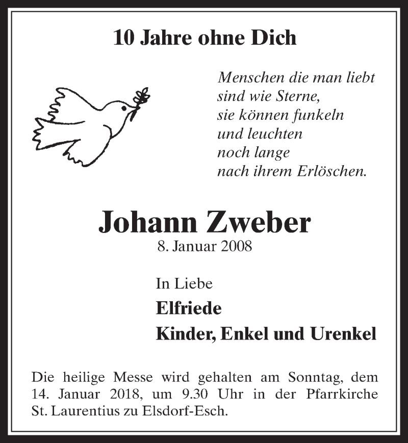  Traueranzeige für Johann Zweber vom 13.01.2018 aus  Sonntags-Post 