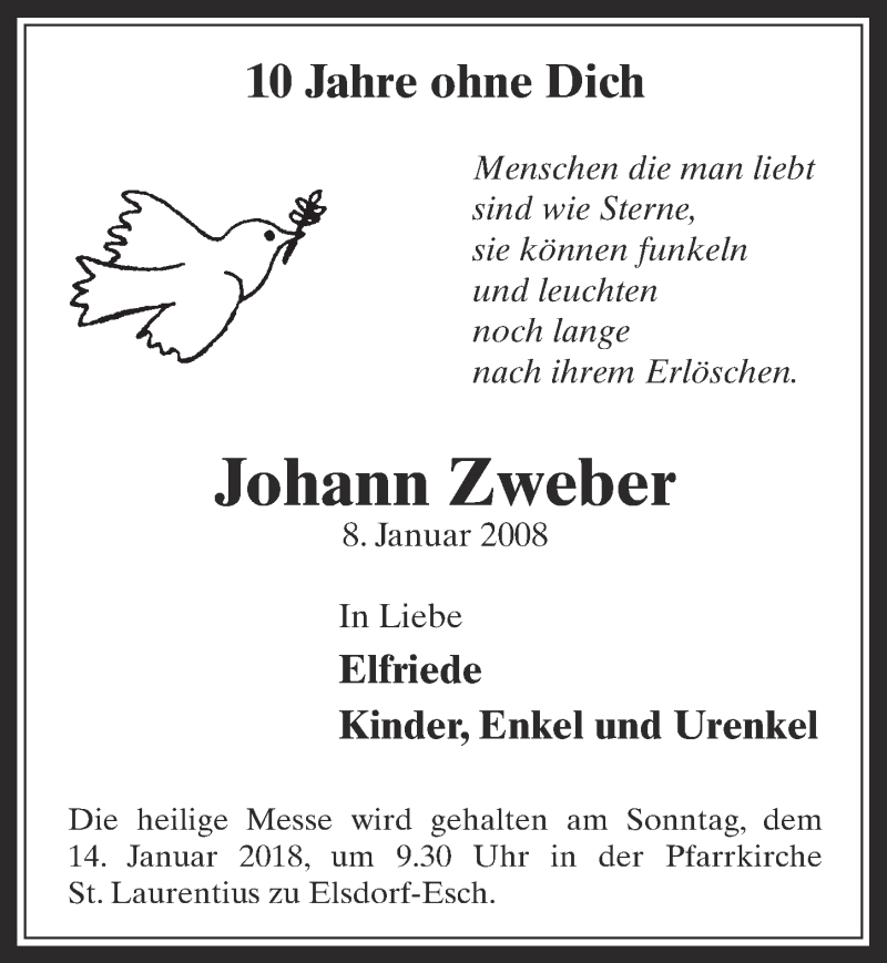  Traueranzeige für Johann Zweber vom 10.01.2018 aus  Werbepost 