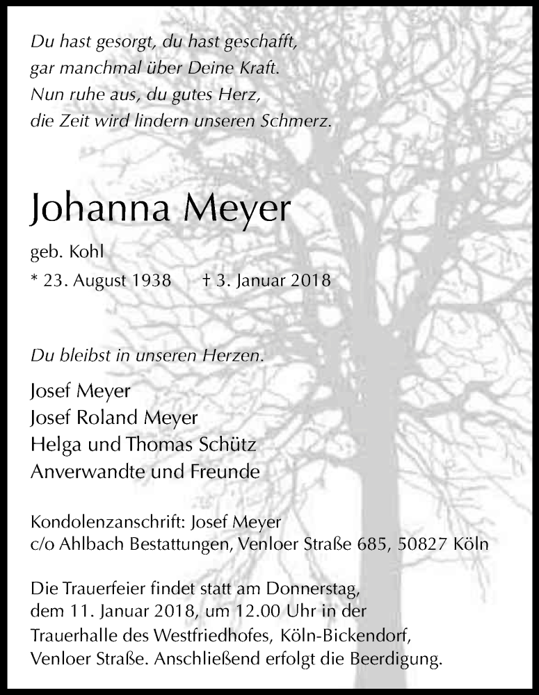  Traueranzeige für Johanna Meyer vom 06.01.2018 aus Kölner Stadt-Anzeiger / Kölnische Rundschau / Express