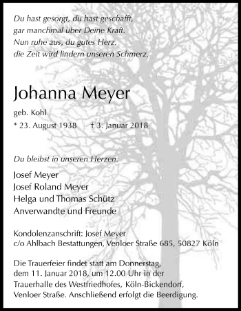 Anzeige von Johanna Meyer von Kölner Stadt-Anzeiger / Kölnische Rundschau / Express