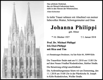 Anzeige von Johanna Philippi von Kölner Stadt-Anzeiger / Kölnische Rundschau / Express