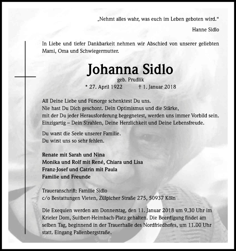 Traueranzeige für Johanna Sidlo vom 06.01.2018 aus Kölner Stadt-Anzeiger / Kölnische Rundschau / Express