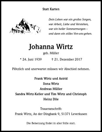 Anzeige von Johanna Wirtz von Kölner Stadt-Anzeiger / Kölnische Rundschau / Express