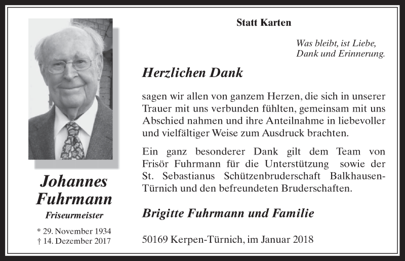  Traueranzeige für Johannes Fuhrmann vom 24.01.2018 aus  Werbepost 