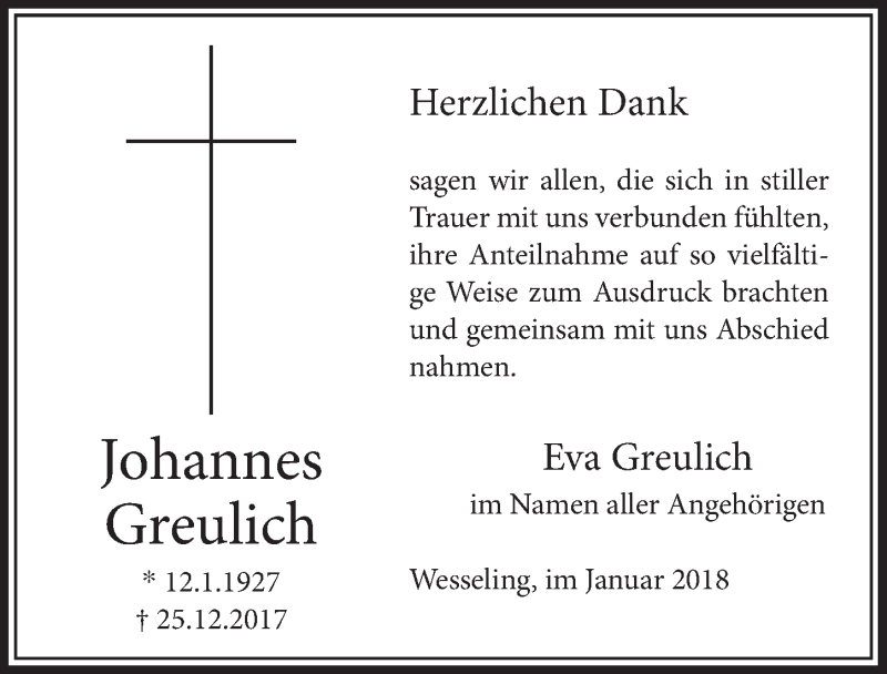  Traueranzeige für Johannes Greulich vom 24.01.2018 aus  Schlossbote/Werbekurier 