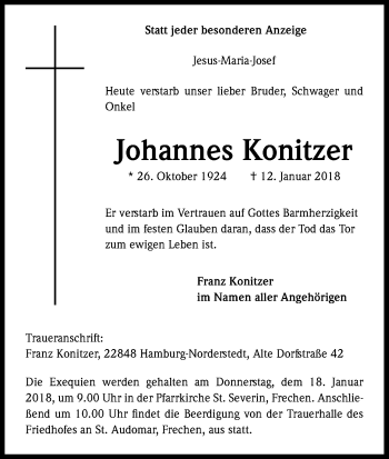 Anzeige von Johannes Konitzer von Kölner Stadt-Anzeiger / Kölnische Rundschau / Express