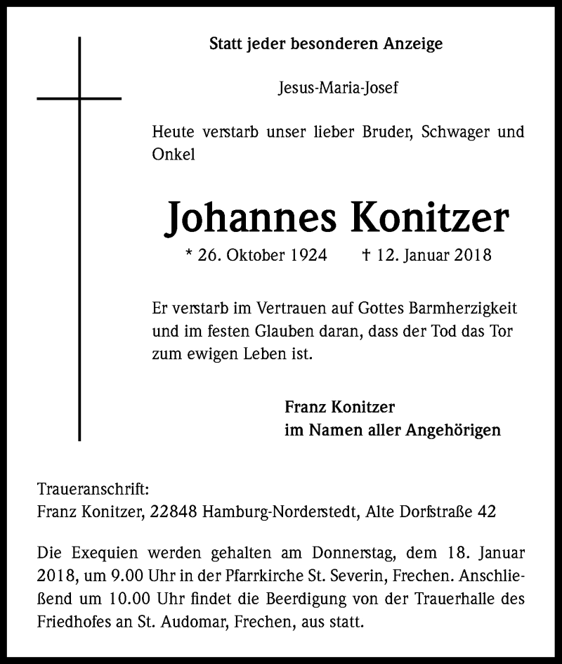  Traueranzeige für Johannes Konitzer vom 16.01.2018 aus Kölner Stadt-Anzeiger / Kölnische Rundschau / Express